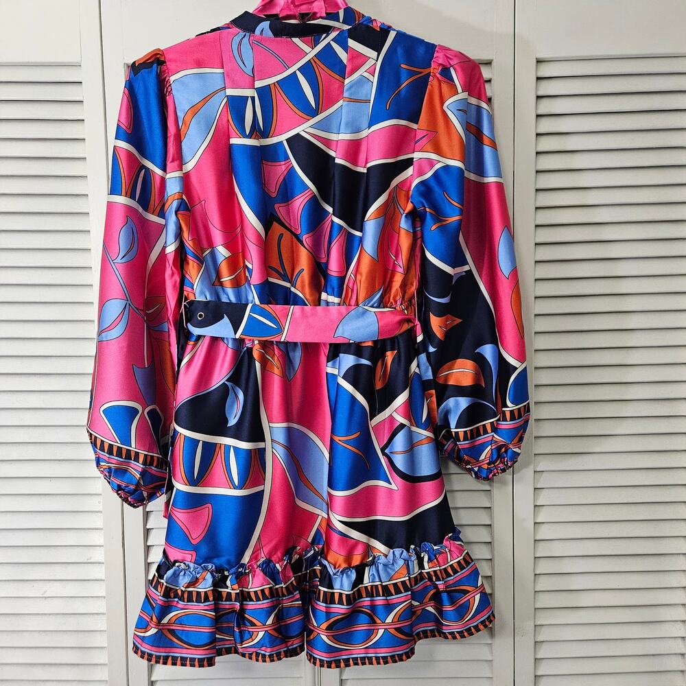 Fate Abstract Print Satin Ruffled Mini Dress Small Mod Revival Dopamine Dress